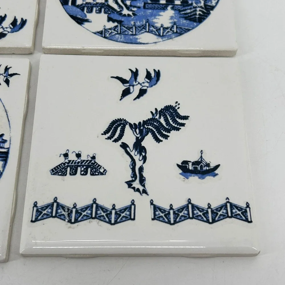 Vintage Blue Willow Ceramic Tiles Set of 4 Pagoda Scene Blue White 4.25 Inch